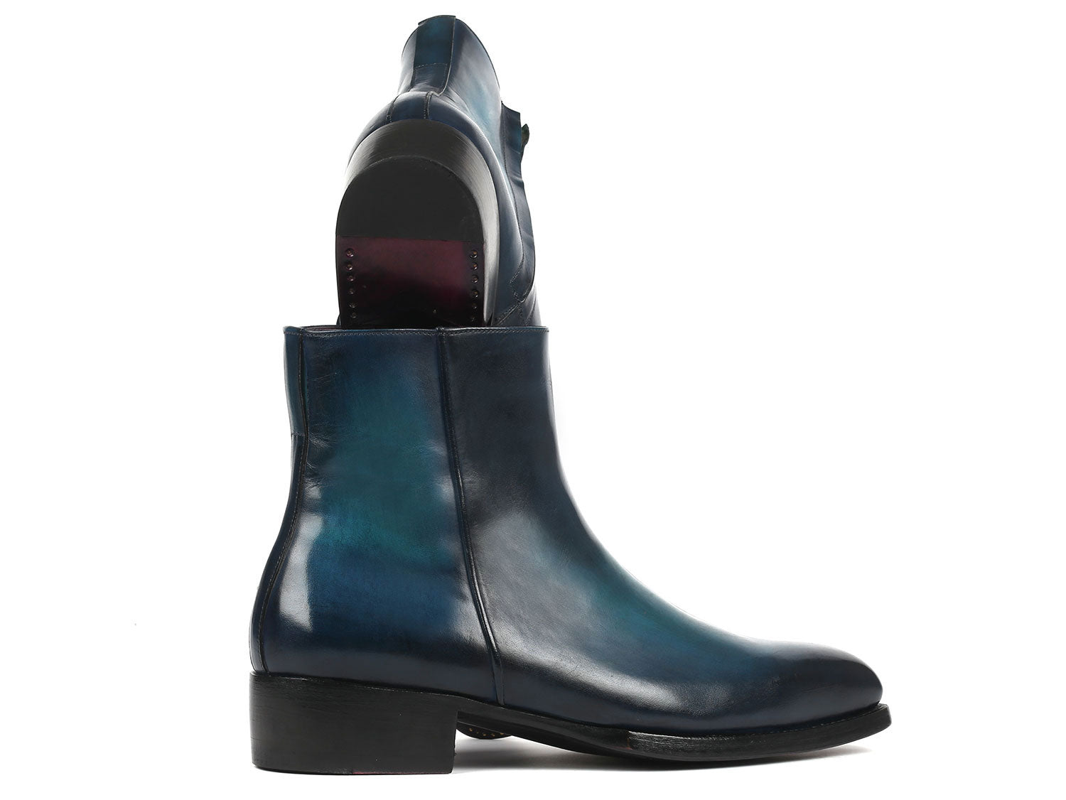 Paul Parkman Blue Burnished Side Zipper Boots, model BT3955-BLU, feature a Goodyear welted construction with polished blue leather and black soles. One boot is displayed upright while the other rests on its side for a detailed view.
