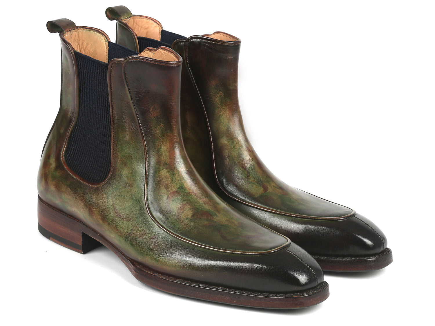 The Paul Parkman Men's Green Handpainted Chelsea Boots, featuring Goodyear welted construction, elastic side panels, and wooden heels, are stylishly displayed with one propped against the other.