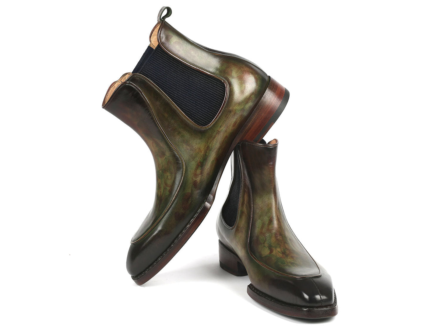 The Paul Parkman Men's Green Handpainted Chelsea Boots, featuring Goodyear welted construction, elastic side panels, and wooden heels, are stylishly displayed with one propped against the other.