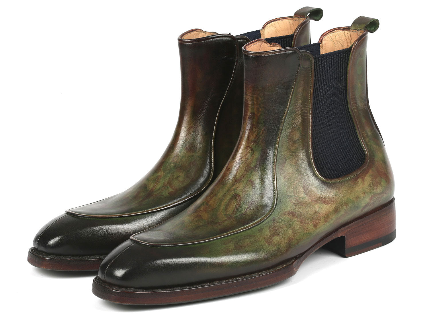 The Paul Parkman Men's Green Handpainted Chelsea Boots, featuring Goodyear welted construction, elastic side panels, and wooden heels, are stylishly displayed with one propped against the other.