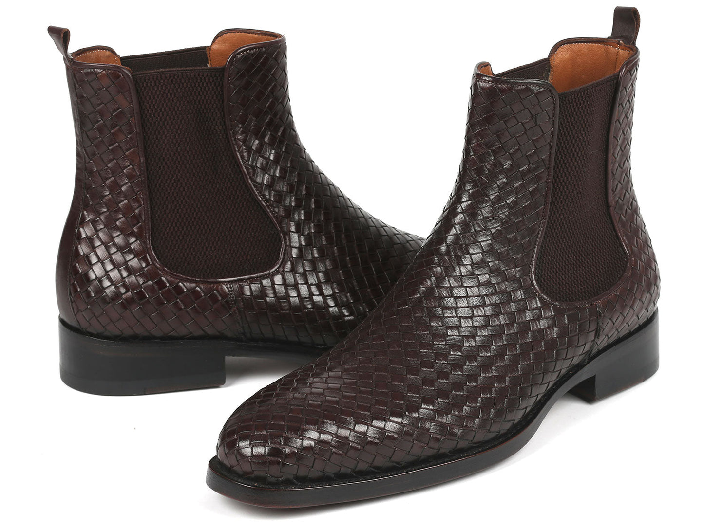 The Paul Parkman Chocolate Brown Woven Leather Chelsea Boots - 92WN87-BRW are displayed against a white background, exemplifying timeless style and expert craftsmanship.