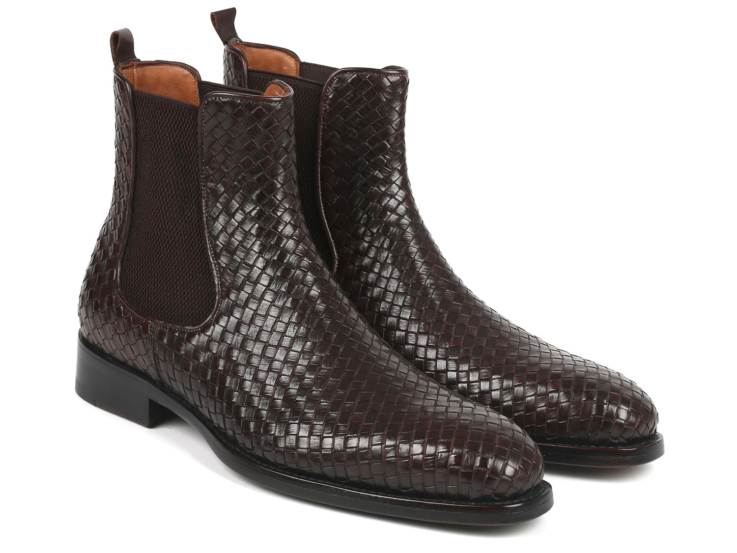 The Paul Parkman Chocolate Brown Woven Leather Chelsea Boots - 92WN87-BRW are displayed against a white background, exemplifying timeless style and expert craftsmanship.