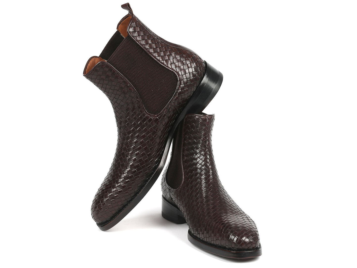 The Paul Parkman Chocolate Brown Woven Leather Chelsea Boots - 92WN87-BRW are displayed against a white background, exemplifying timeless style and expert craftsmanship.