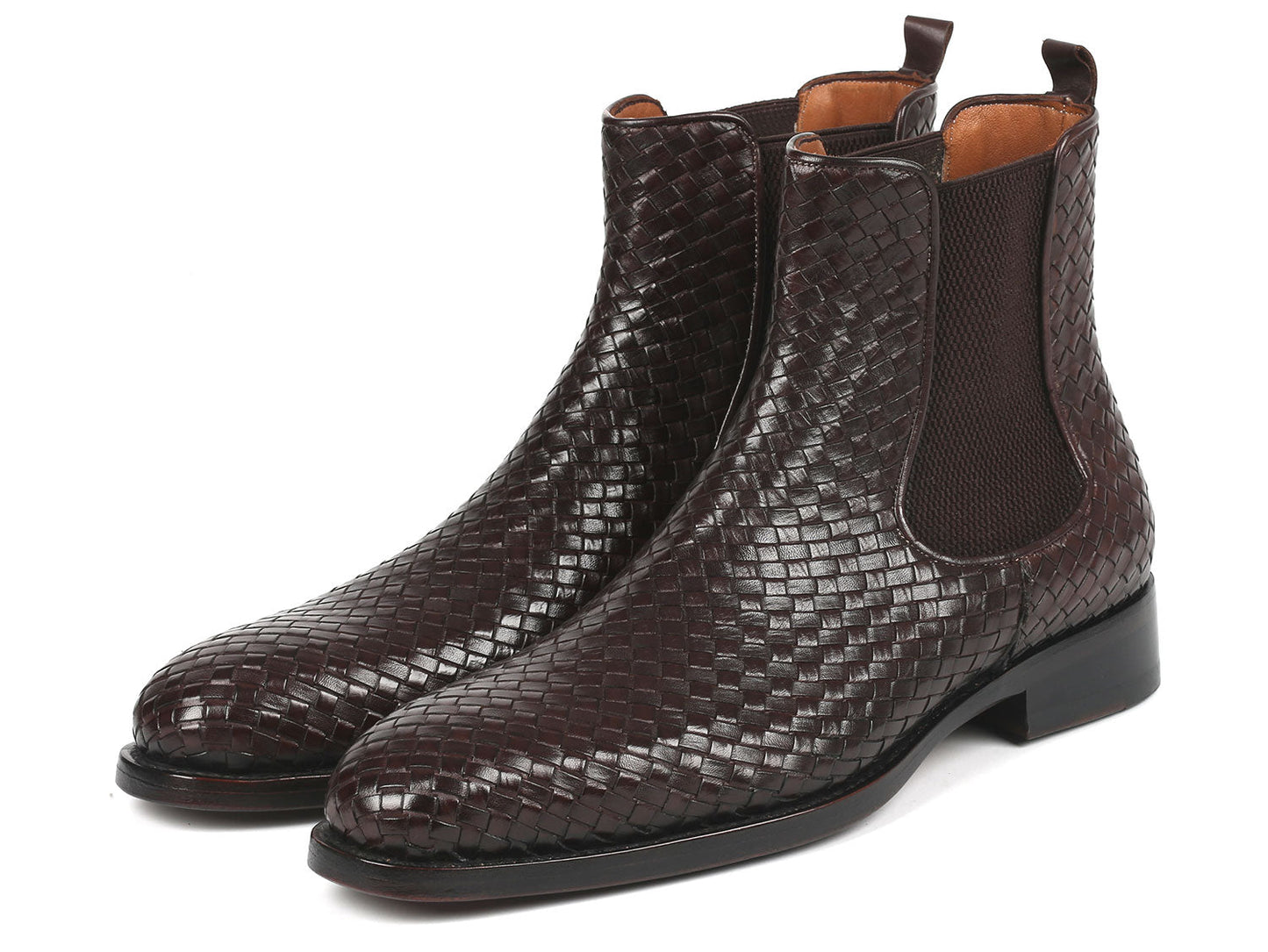 The Paul Parkman Chocolate Brown Woven Leather Chelsea Boots - 92WN87-BRW are displayed against a white background, exemplifying timeless style and expert craftsmanship.