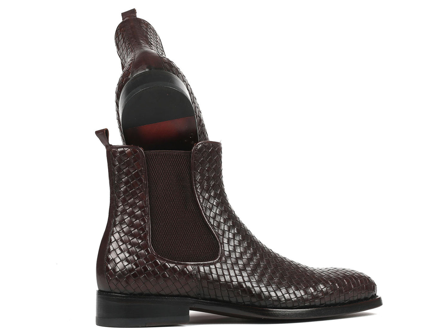 The Paul Parkman Chocolate Brown Woven Leather Chelsea Boots - 92WN87-BRW are displayed against a white background, exemplifying timeless style and expert craftsmanship.