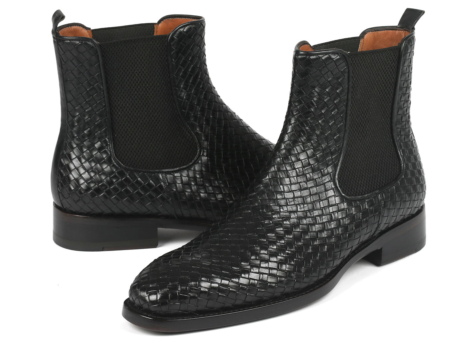 Paul Parkman's newly Goodyear welted Chelsea boots in black woven leather, known as the 92WN87-BLK model, feature sleek elastic side panels.
