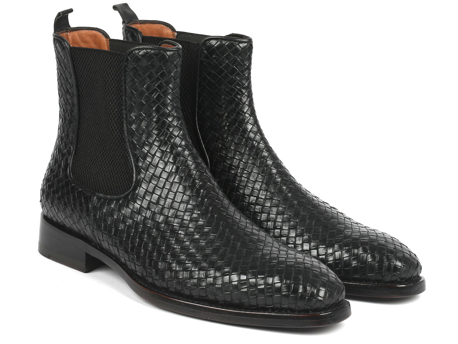 Paul Parkman's newly Goodyear welted Chelsea boots in black woven leather, known as the 92WN87-BLK model, feature sleek elastic side panels.