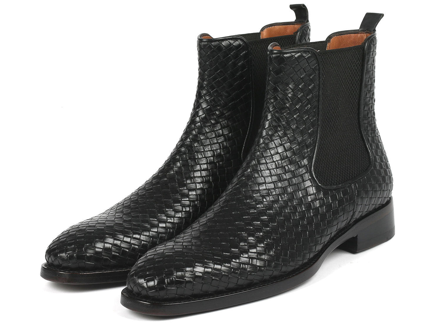 Paul Parkman's newly Goodyear welted Chelsea boots in black woven leather, known as the 92WN87-BLK model, feature sleek elastic side panels.