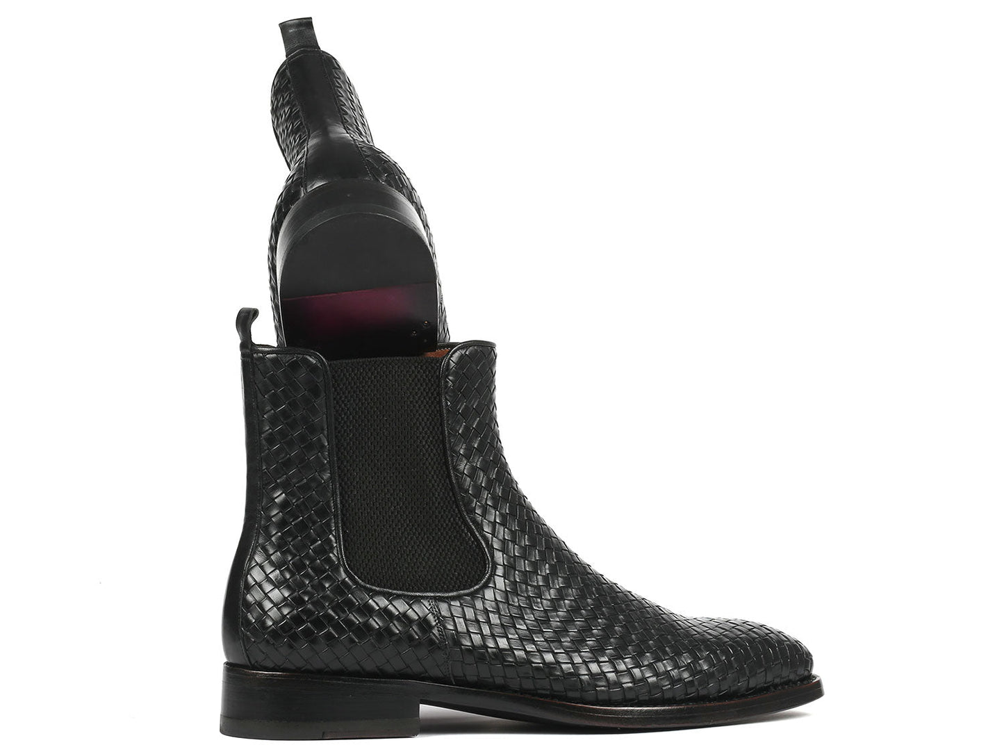 Paul Parkman's newly Goodyear welted Chelsea boots in black woven leather, known as the 92WN87-BLK model, feature sleek elastic side panels.