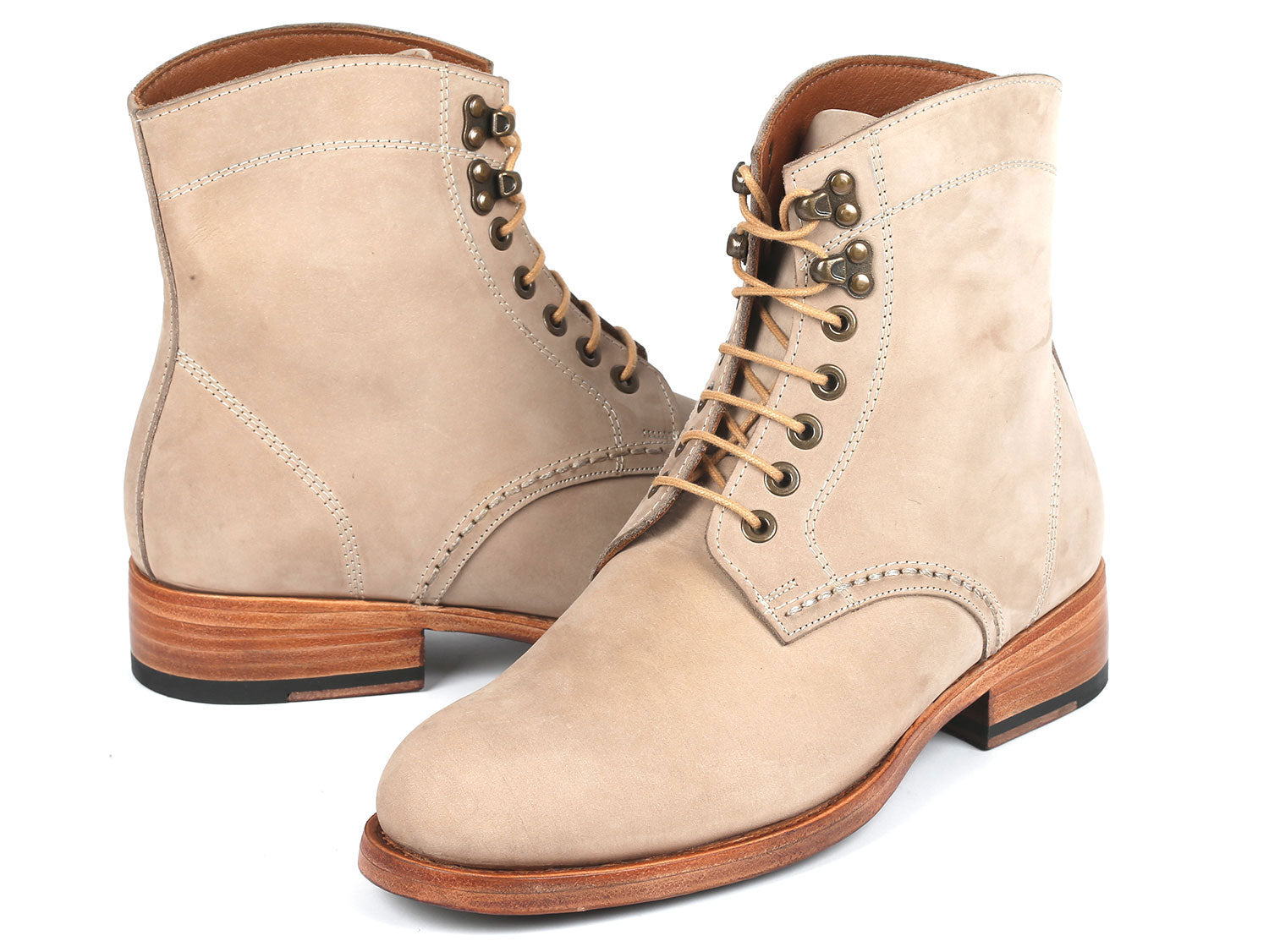 Paul Parkman Men's Boots Beige Nubuck - 824BCJ66 showcase beige nubuck leather with wooden soles, metal eyelets, and brown laces. One boot stands upright while the other is tilted.