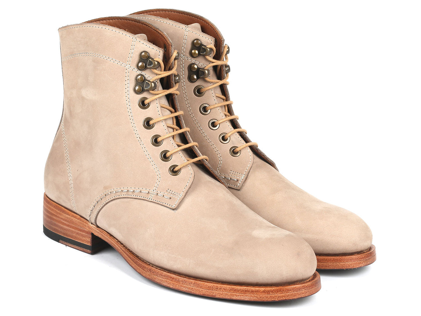 Paul Parkman Men's Boots Beige Nubuck - 824BCJ66 showcase beige nubuck leather with wooden soles, metal eyelets, and brown laces. One boot stands upright while the other is tilted.