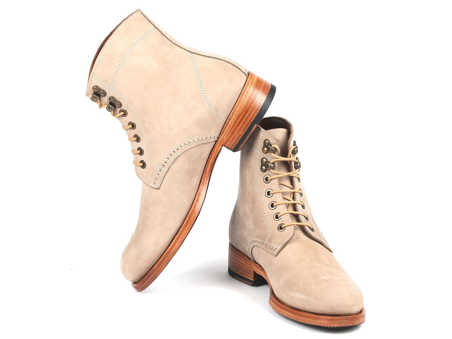 Paul Parkman Men's Boots Beige Nubuck - 824BCJ66 showcase beige nubuck leather with wooden soles, metal eyelets, and brown laces. One boot stands upright while the other is tilted.