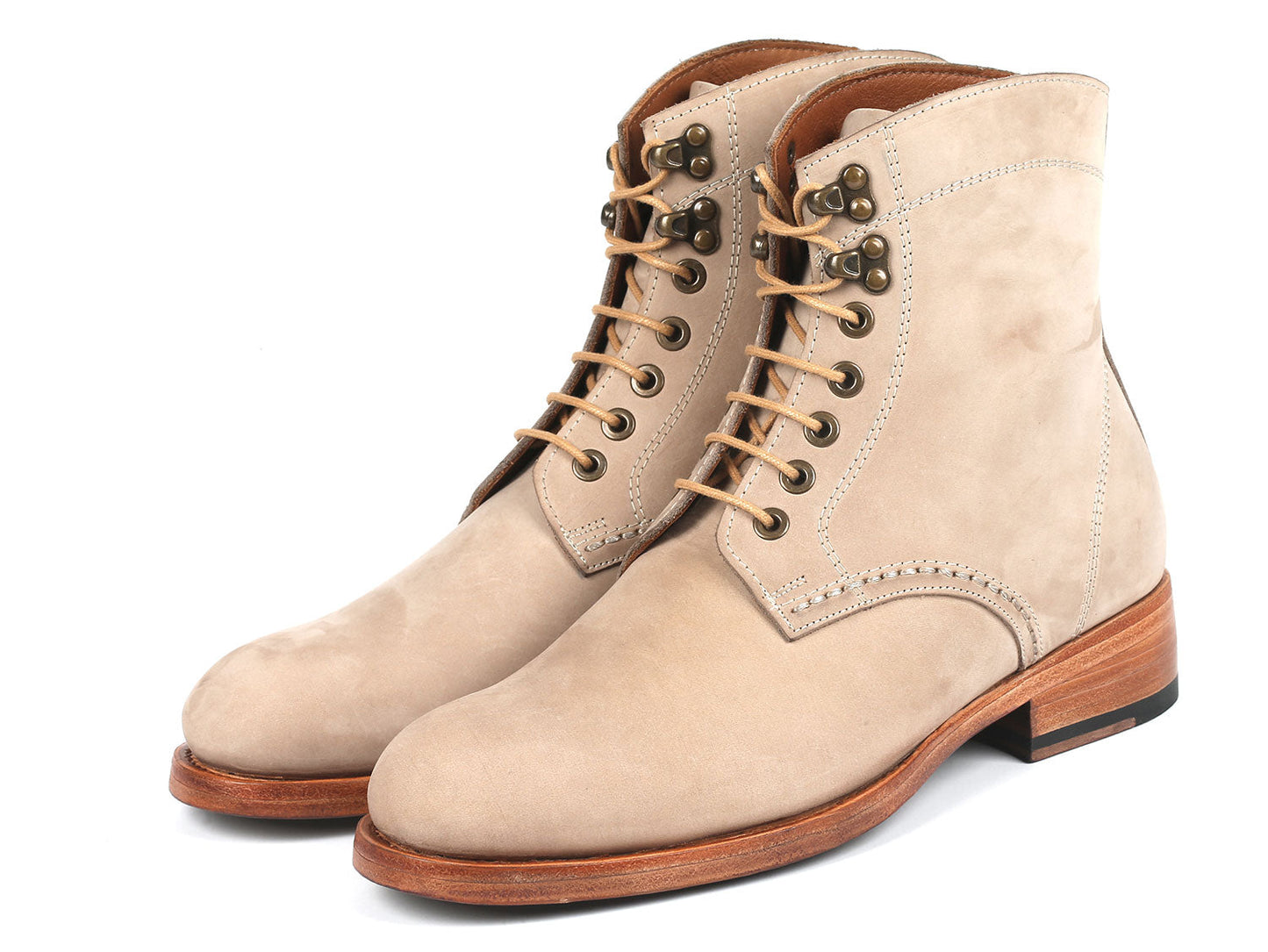 Paul Parkman Men's Boots Beige Nubuck - 824BCJ66 showcase beige nubuck leather with wooden soles, metal eyelets, and brown laces. One boot stands upright while the other is tilted.