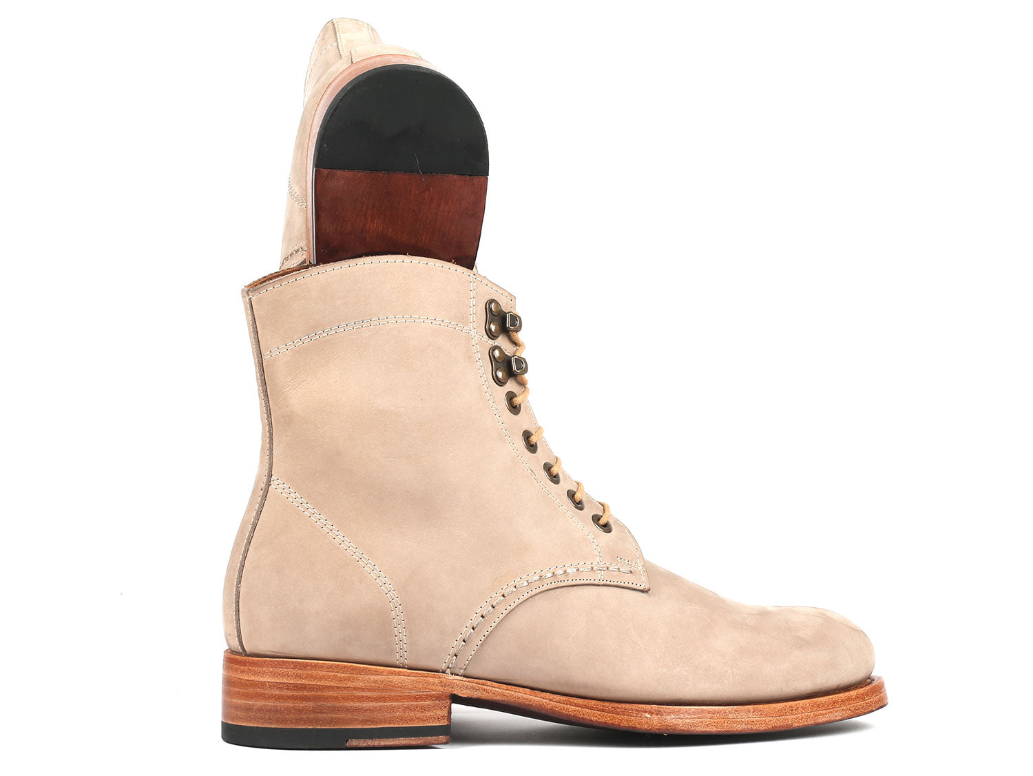 Paul Parkman Men's Boots Beige Nubuck - 824BCJ66 showcase beige nubuck leather with wooden soles, metal eyelets, and brown laces. One boot stands upright while the other is tilted.