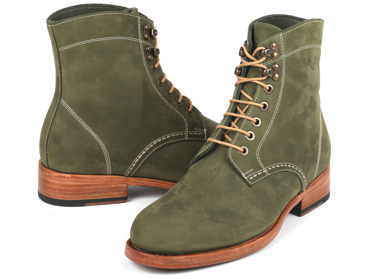 Paul Parkman Men's Boots Green Nubuck, model 824NGR33, feature a pair of premium leather lace-up boots with tan laces and wooden soles. One boot stands upright while the other leans against it, highlighting Paul Parkman's Goodyear welted craftsmanship.
