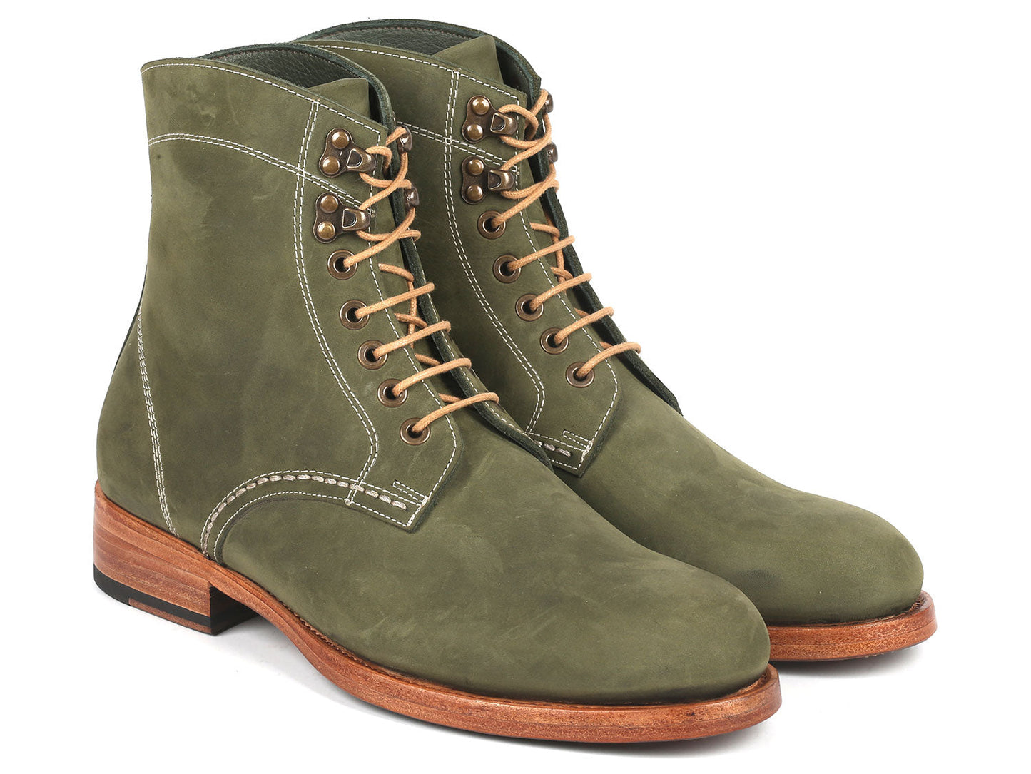 Paul Parkman Men's Boots Green Nubuck, model 824NGR33, feature a pair of premium leather lace-up boots with tan laces and wooden soles. One boot stands upright while the other leans against it, highlighting Paul Parkman's Goodyear welted craftsmanship.