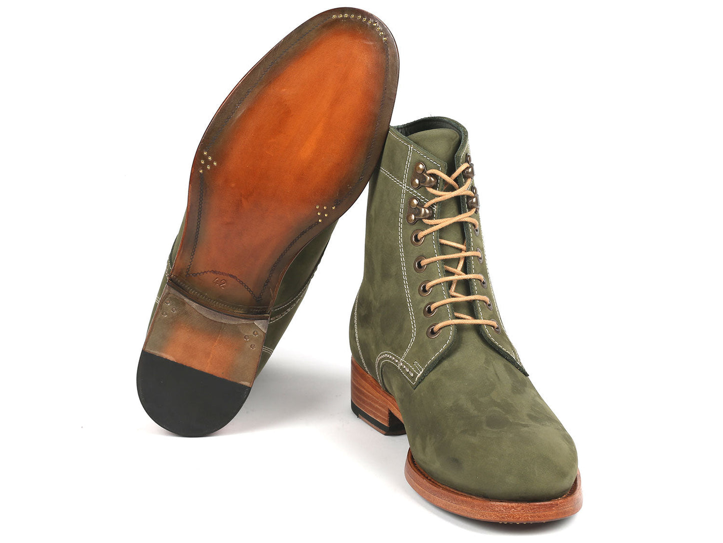 Paul Parkman Men's Boots Green Nubuck, model 824NGR33, feature a pair of premium leather lace-up boots with tan laces and wooden soles. One boot stands upright while the other leans against it, highlighting Paul Parkman's Goodyear welted craftsmanship.