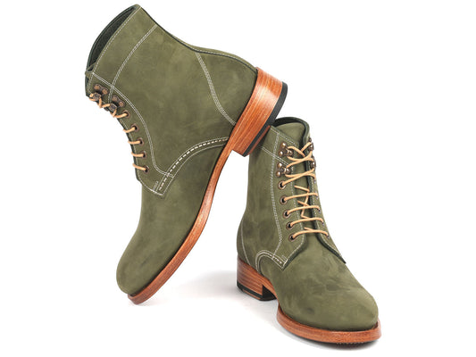 Paul Parkman Men's Boots Green Nubuck, model 824NGR33, feature a pair of premium leather lace-up boots with tan laces and wooden soles. One boot stands upright while the other leans against it, highlighting Paul Parkman's Goodyear welted craftsmanship.