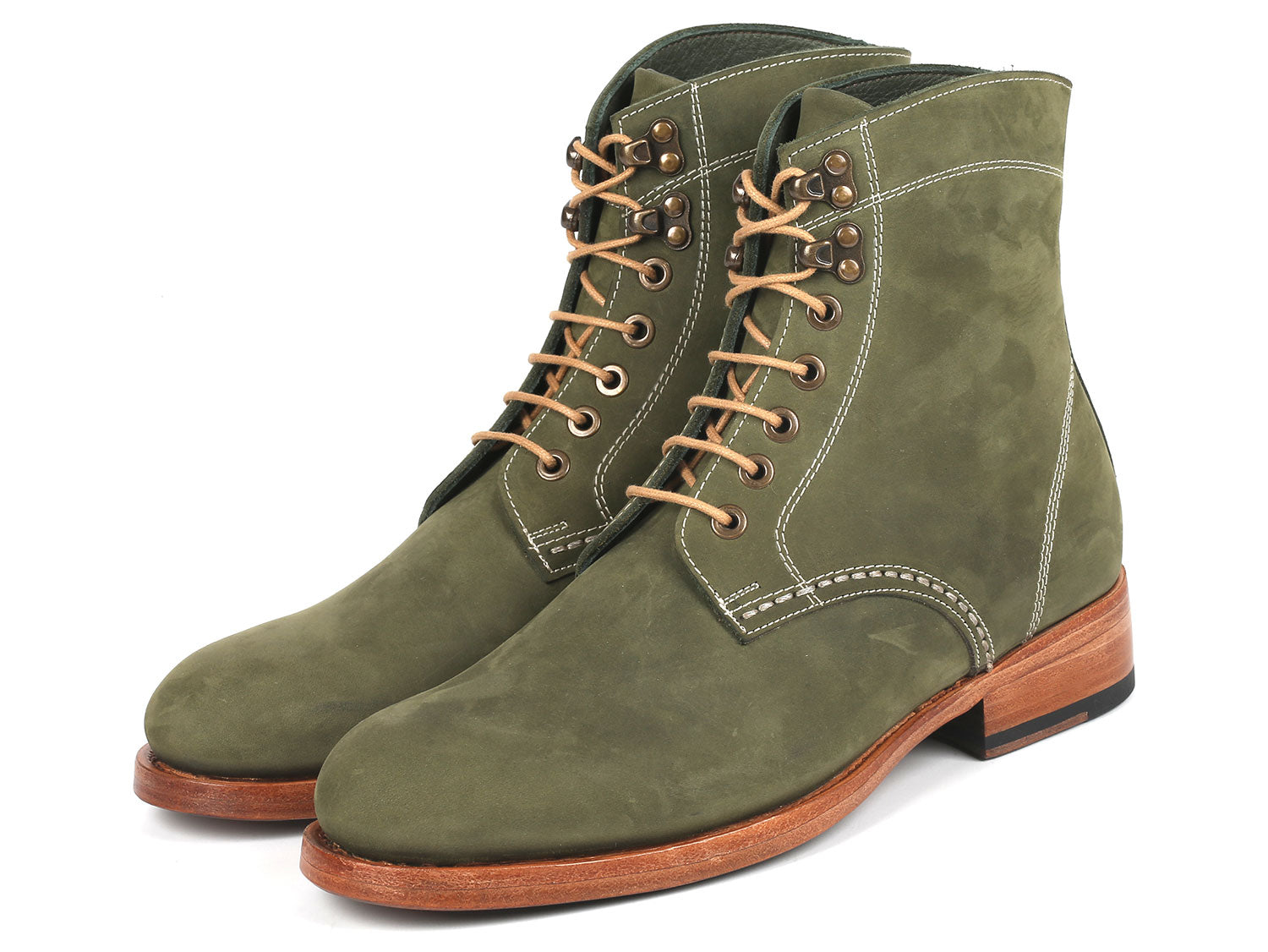 Paul Parkman Men's Boots Green Nubuck, model 824NGR33, feature a pair of premium leather lace-up boots with tan laces and wooden soles. One boot stands upright while the other leans against it, highlighting Paul Parkman's Goodyear welted craftsmanship.