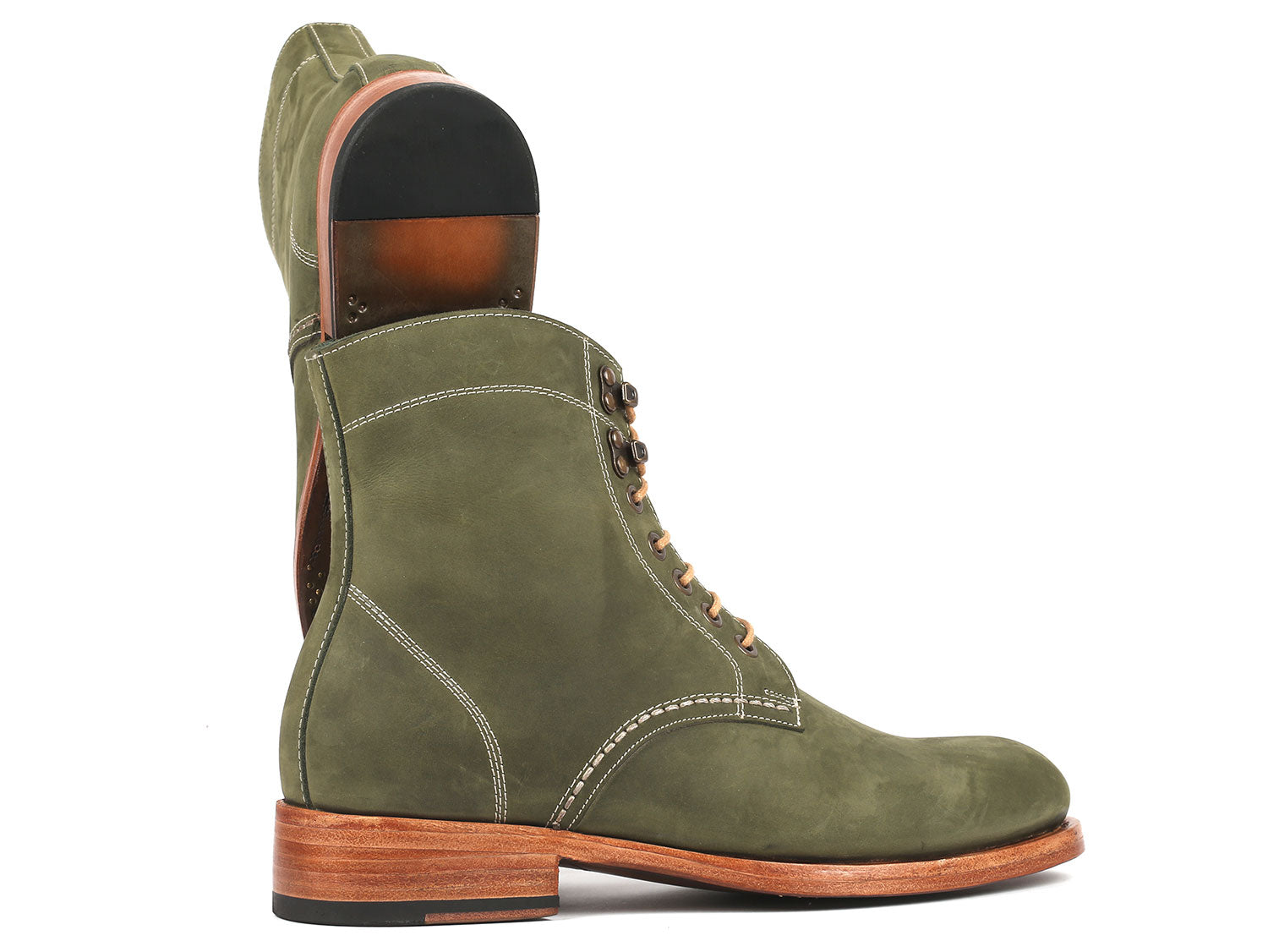 Paul Parkman Men's Boots Green Nubuck, model 824NGR33, feature a pair of premium leather lace-up boots with tan laces and wooden soles. One boot stands upright while the other leans against it, highlighting Paul Parkman's Goodyear welted craftsmanship.