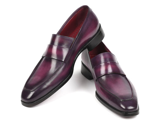 The Paul Parkman Loafers Purple - 93PR814, crafted by Paul Parkman, are men's slip-on shoes that feature a shiny hand-painted purple exterior with black soles against a white background, combining style and comfort for every occasion.