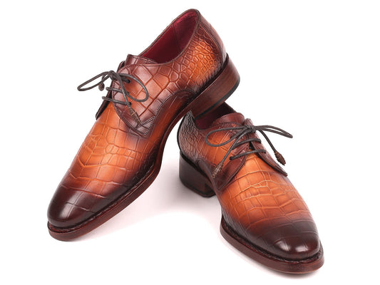 Paul Parkman's 5286BRW brown calfskin Goodyear welted derby shoes showcase a hand-painted crocodile-embossed texture with a dark gradient on the toe and heel.