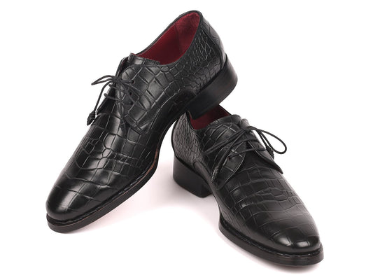 The Paul Parkman Black Crocodile Embossed Calfskin Goodyear Welted Derby Shoes - 5254BLK are an elegant pair of black Derby shoes with a crocodile-patterned leather design, complete with laces and a luxurious red inner lining, expertly crafted with a calfskin upper and showcased against a white background.