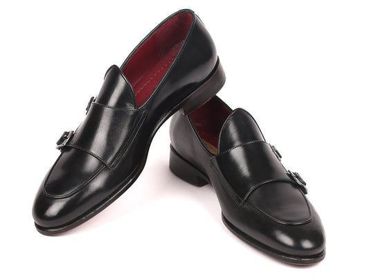 Paul Parkman Black Double Monkstrap Shoes - HT82BLK, featuring a hand-painted calfskin finish and small buckle details, are presented against a white background.