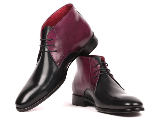 Introducing the Paul Parkman Chukka Boots Black & Purple - CK68H1, exquisite lace-up dress shoes crafted from hand-painted calfskin in elegant black and purple leather, showcased against a white background.