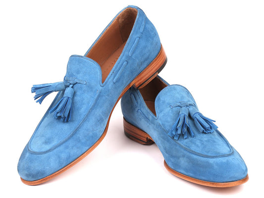 Paul Parkman's made-to-order tassel loafers (model BLU32FG) in blue suede feature distinct tan soles.