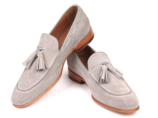 A made-to-order pair of Paul Parkman Tassel Loafers in light gray suede with wooden soles.