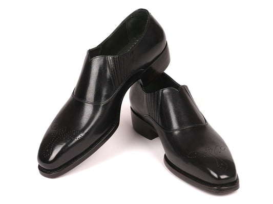 A pair of Paul Parkman Goodyear Welted black elasticated loafers, featuring a shiny hand-painted calfskin finish and decorative perforations on the toes.