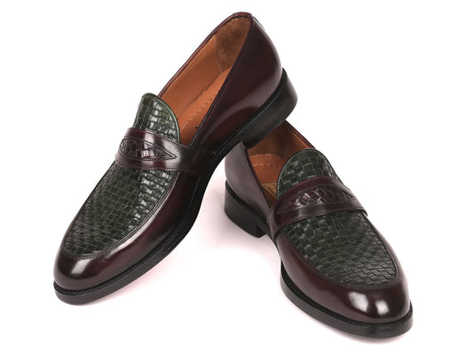 These men's loafers from Paul Parkman, named the Woven Leather Loafers Brown & Green - 548LF832, feature a sophisticated style with an exquisite blend of burgundy and green woven leather details.