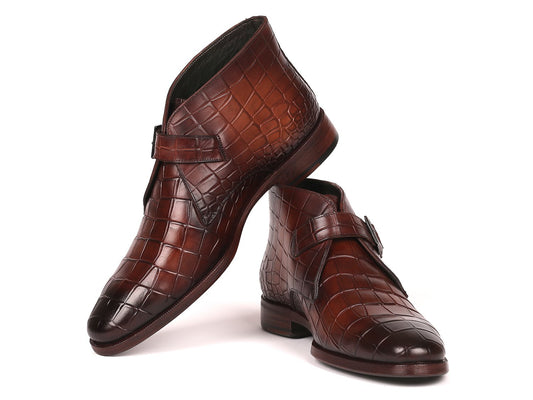 Paul Parkman Single Monk Strap Ankle Boots in Brown (8638-BRW), crafted from crocodile-embossed leather with a slight sheen, are accented by a monk strap and buckle closure, showcased against a white background.