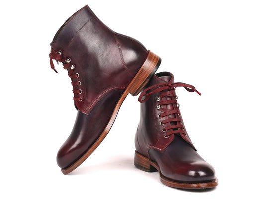 Paul Parkman's Bordeaux and Navy leather lace-up boots, model 824BRD65, featuring Goodyear welted construction and wooden soles, showcased against a white background.