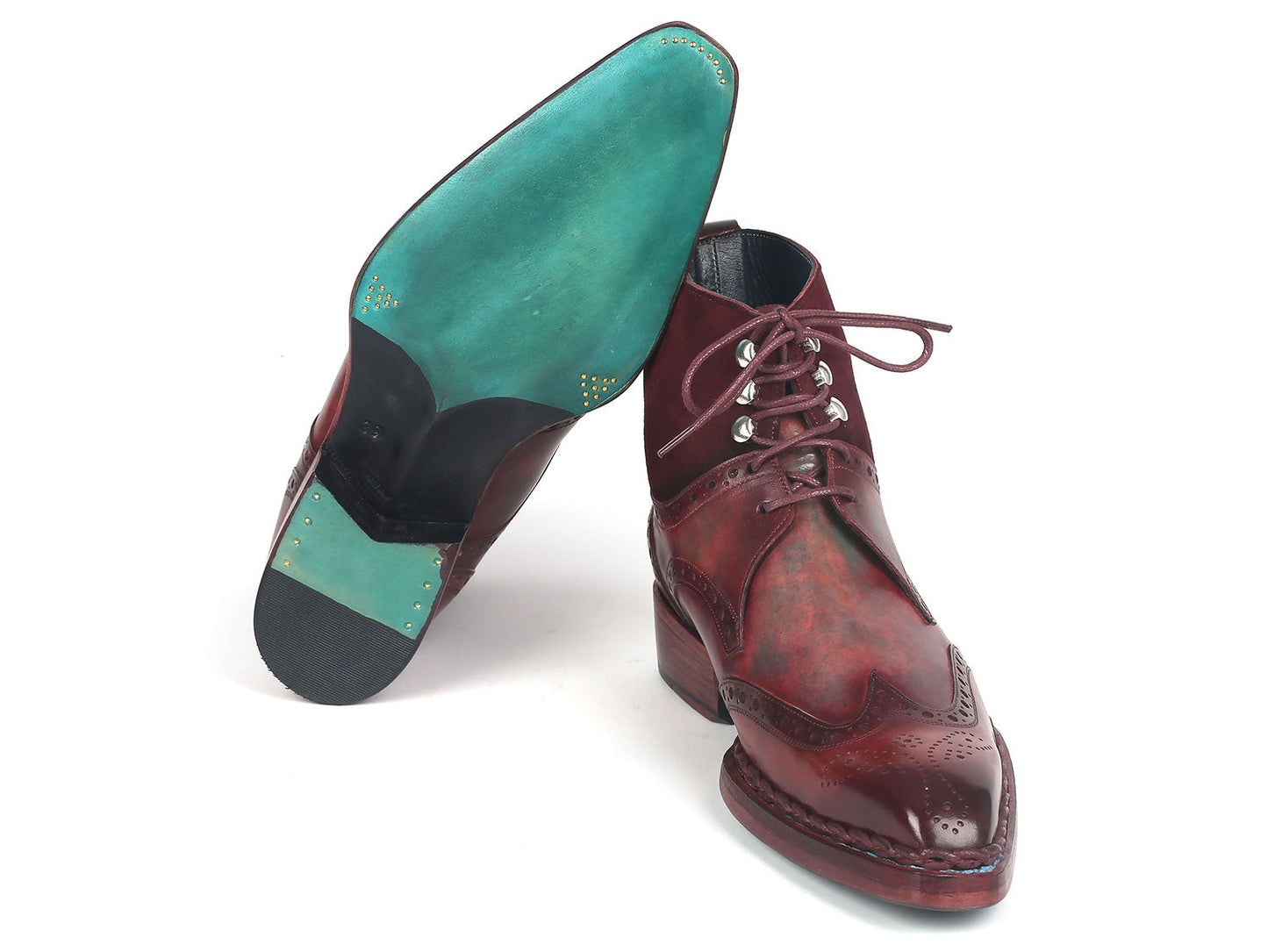 Paul Parkman Men's Norwegian Welted Wingtip Leather and Suede Boots - 8509-BUR, featuring a handcrafted fiddle waist sole and decorative perforations, photographed on a white background.