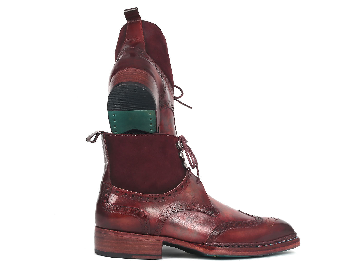 Paul Parkman Men's Norwegian Welted Wingtip Leather and Suede Boots - 8509-BUR, featuring a handcrafted fiddle waist sole and decorative perforations, photographed on a white background.