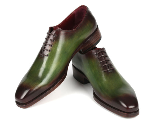 Paul Parkman Goodyear Welted Wholecut Oxfords in green and bordeaux are showcased against a white background, featuring a polished leather finish and a Goodyear welted wooden sole.