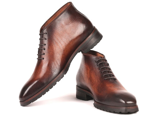 The Paul Parkman Ankle Boots Brown Burnished - 791BRW24, made by Paul Parkman, are handmade leather ankle boots in brown featuring a glossy finish and rugged black soles, complete with stylish laces.