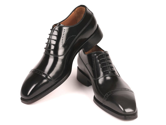 The Paul Parkman Goodyear Welted Cap Toe Oxfords in black polished leather (Model: 056BLK84) are showcased on a white background, featuring a shiny finish and intricate lace design.