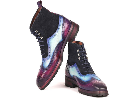 Paul Parkman presents the Three Tone Wingtip Boots in gradient blue and purple. These men's made-to-order boots feature brogue detailing, a durable rubber sole, and dark laces.