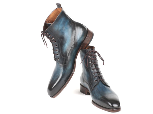 Paul Parkman Blue & Brown Leather Boots - BT548AW, crafted from hand-painted calfskin with a glossy blue-black finish and brown soles, are displayed against a white background.