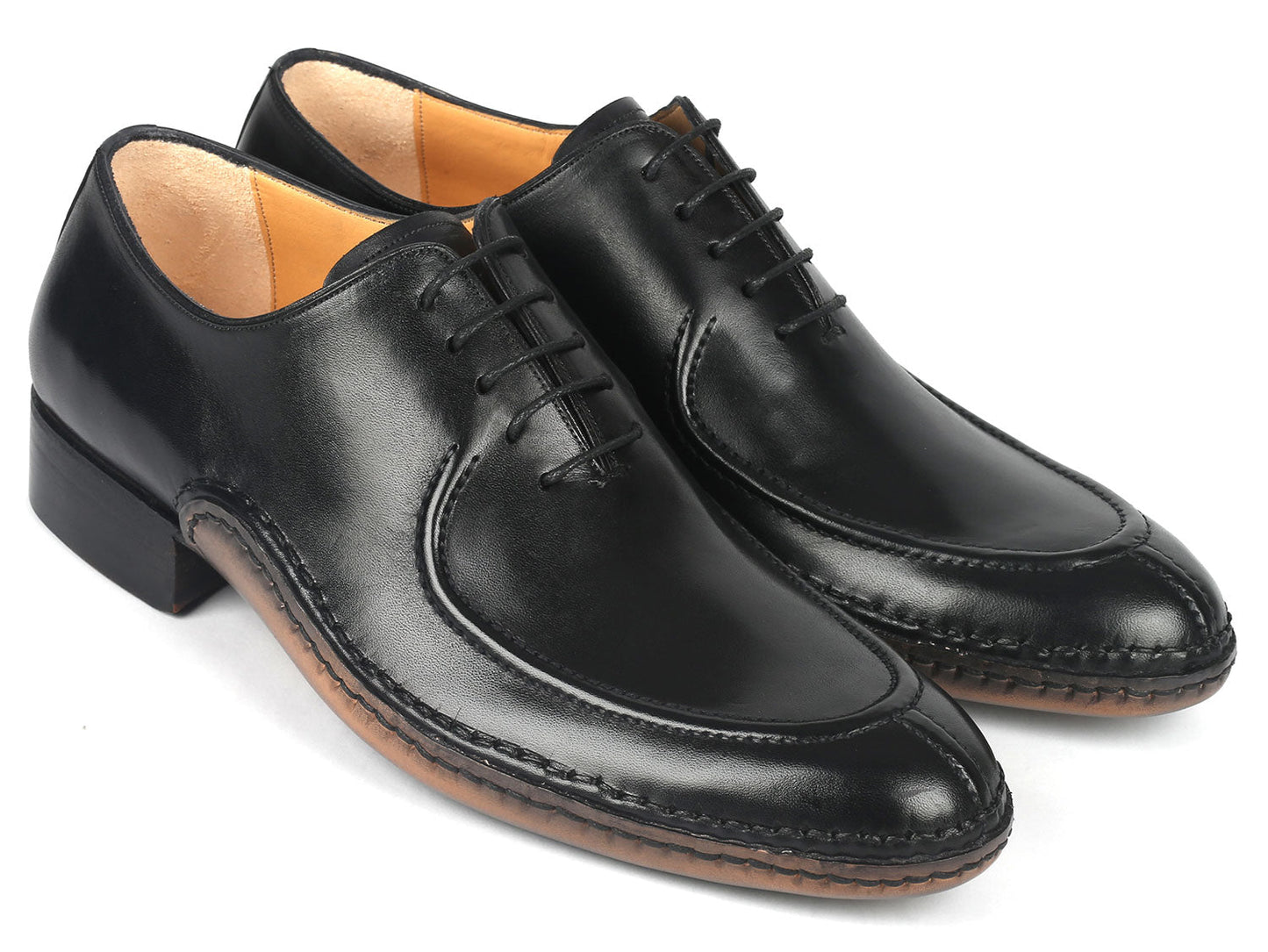 The Paul Parkman Opanka Stitched Men's Split-Toe Black Leather Oxford Shoes - 054-BLK, from the brand Paul Parkman, are crafted from hand-painted black leather and feature elegant laces, displayed against a pristine white background.