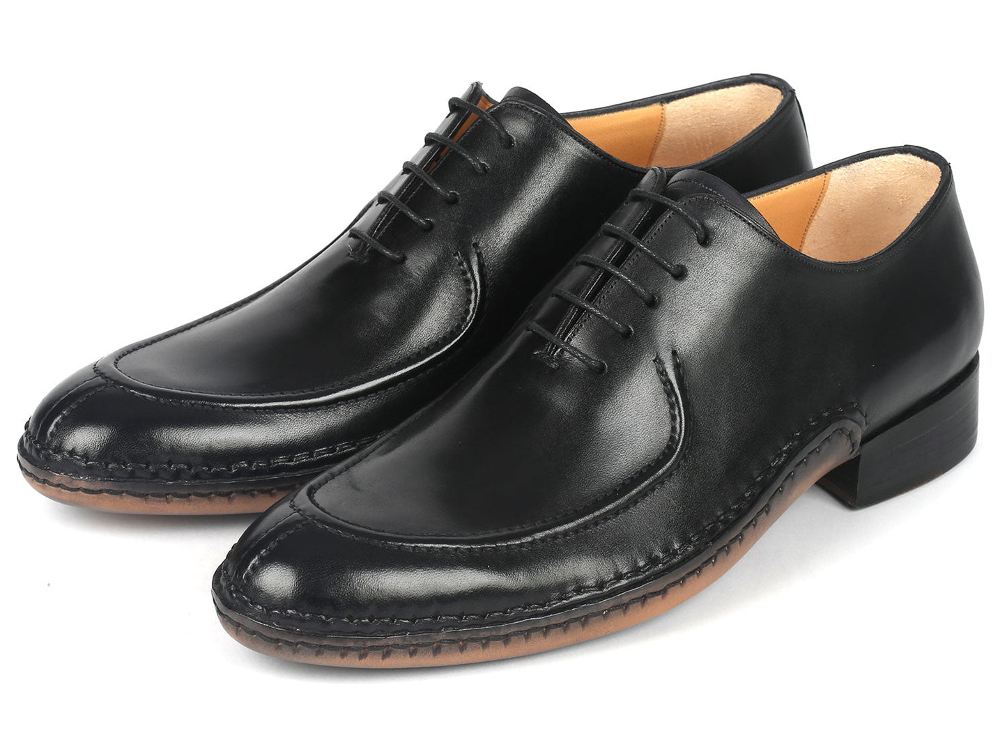The Paul Parkman Opanka Stitched Men's Split-Toe Black Leather Oxford Shoes - 054-BLK, from the brand Paul Parkman, are crafted from hand-painted black leather and feature elegant laces, displayed against a pristine white background.