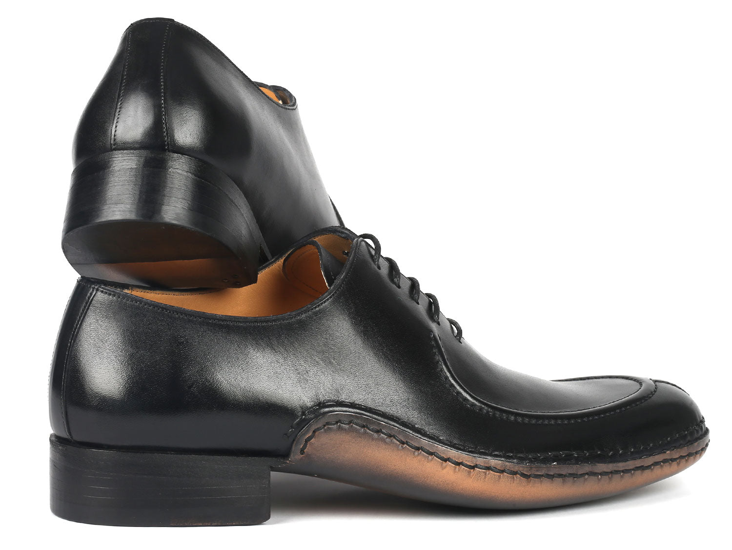 The Paul Parkman Opanka Stitched Men's Split-Toe Black Leather Oxford Shoes - 054-BLK, from the brand Paul Parkman, are crafted from hand-painted black leather and feature elegant laces, displayed against a pristine white background.
