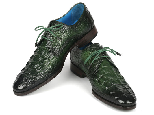 The Paul Parkman Green Croco Textured Leather Derby Shoes - 1438GRN showcase a glossy green crocodile-patterned leather upper, complemented by matching green laces and a bold blue interior.