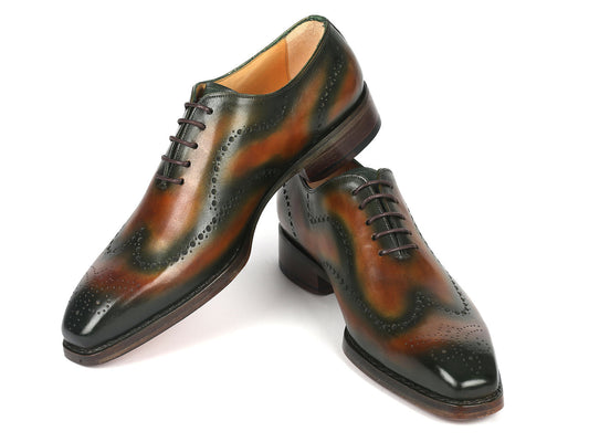 A pair of Paul Parkman Goodyear Welted Brown & Green Oxford Shoes, featuring exquisite brogue detailing and crafted from hand-painted leather, elegantly displayed on a white background.