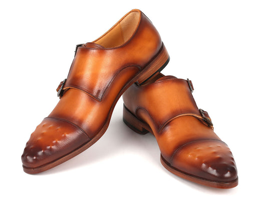 Paul Parkman Studded Cap Toe Monkstraps in Light Brown, featuring a polished finish and decorative perforations on the toe caps.