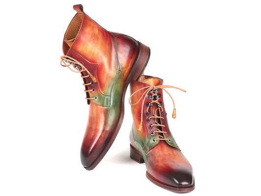 The Paul Parkman Green Camel & Bordeaux Leather Boots - BT533SPR feature a striking hand-painted multicolored finish with shades of red, green, and brown. These made-to-order high-top men's leather boots come with beige laces, providing a distinctive blend of style and craftsmanship.