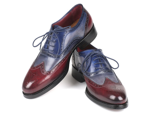 Introducing the Paul Parkman Wingtip Oxfords Goodyear Welted shoes in Bordeaux Grey Blue (BR027GRBL), featuring stylish brogue detailing and black soles. These meticulously hand-painted leather shoes offer a unique finish, combining elegance and durability for any occasion.